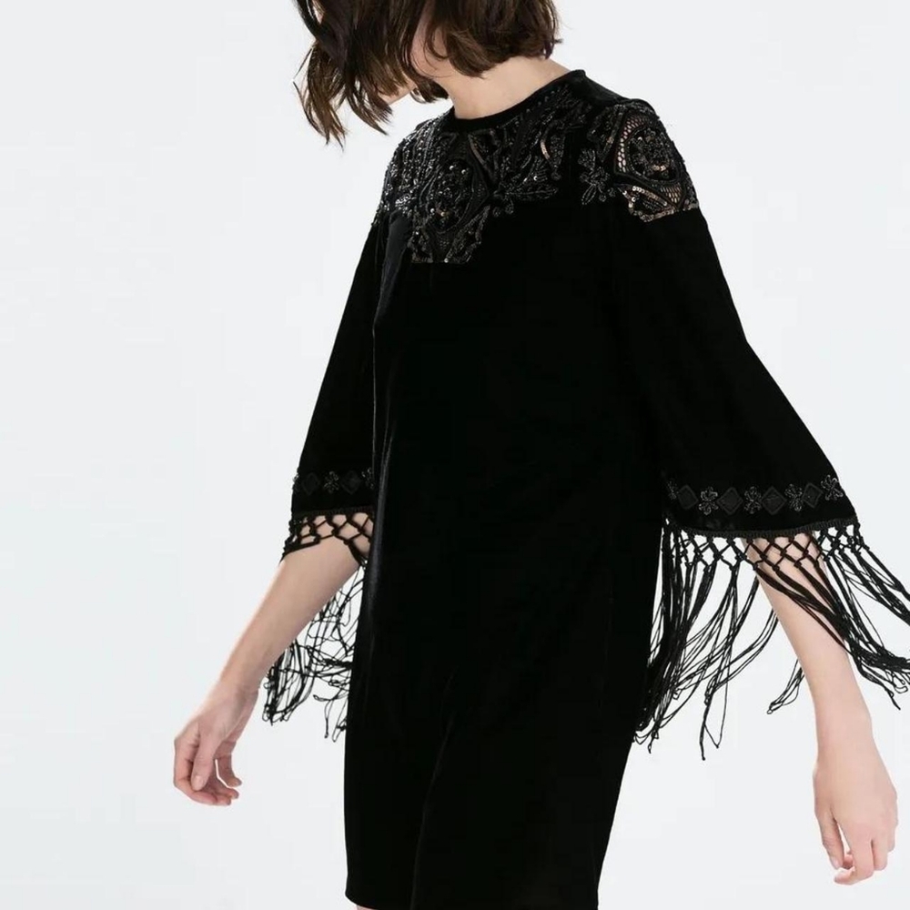 ZARA Black Velvet Embroidered Beaded Embellished Mini Dress Fringe Sleeves S